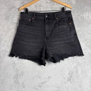 American Eagle Highest Rise 90s Boyfriend Shorts Black Denim Frayed Hem Size 12